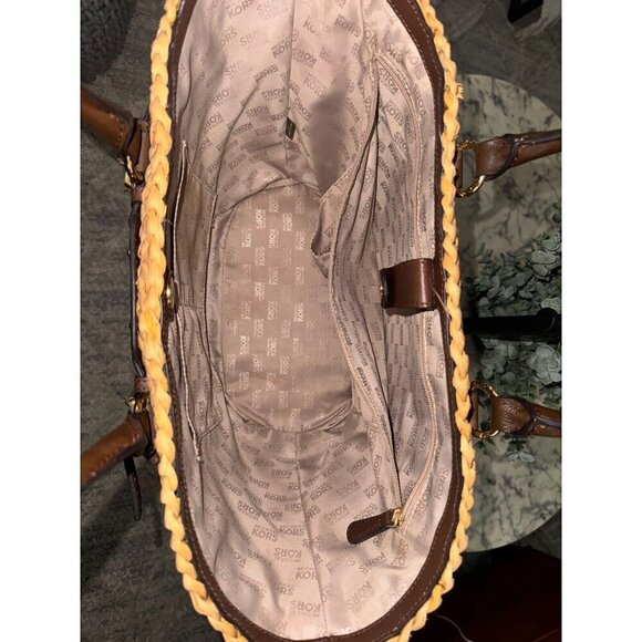 Authentic Michael Kors Woven Straw Naomi Brown Beige Large Tote Womens Handbag - Picture 4 of 4